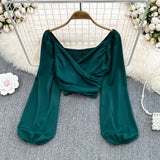 Spring Fashion V-Neck Folded Collared Collared Collared Long-Sleeved Sleeve Cover Female Chic Short-Term Navel Blouse