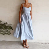 Women's New 2025 Spring Dress Solid Color Sexy U-Neck Waist Folding Sling Dress
