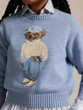 2025 New Women's Casual Round-Neck Bear Pattern Embroidered Sweater Knitted Shirt