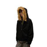 Direct Selling Vintage Fur Collar Couple Hooded Zip Open-Air Jacket Oversize Design Niche Coat