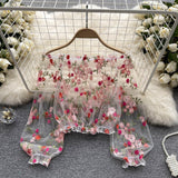 One-Word Shoulder Mesh Embroidery Perspective Shirt For Women's Summer Loose Bubble Sleeve Short Hoodie Long-Sleeved Lace Shirt