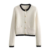 Golden Buckle-Repair Knitted Cardigan 2025 Spring Collar Bag Long-Sleeved Women's Sweater Coat