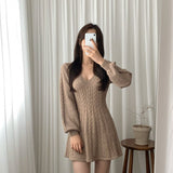 Autumn And Winter Vintage Linen Pattern V-Necked Waist Small Lantern Sleeve A Word Knitted Sweater Dress Women Fashion