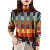 Colorful Color Chessboard Wool Knitwear Autumn And Winter New High-Collar Lazy Thin Wearing Tattoo Sweater Woman