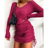 2025 Knitted Sweater V Collar Long Sleeve Autumn And Winter Sexy Body Threaded Skirt Folding Drawstring Skirt