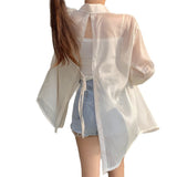 Ice Silk Cardigan Small Loose Thin Long Sleeve Sunscreen Shirt Women's Summer Design Sense Back Open Fork Shirt
