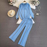 Fashion Suit Women's Korean Version Of Loose Knitted Hoodie Two Sets Of Leisure High-Rise Thin Straight Broad Leg Pants