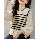 Fake Two French Knitted Women's New Long-Sleeved Retro Fashion Stripe Sweater Tops In Autumn/Winter 2025