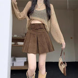 Short Skirt Women Spring And Autumn Wick Velvet Skirt Brown Large Size Fat Mm High-Waist College Windy Skirt Thin