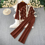 Fashion Ocean Gas Three-Piece Loose Wind Letter Embroidered Cardigan Jacket Bottom High Collar Knitting Tops Broad Legs