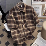 Plaid Short-Sleeved Shirt Men's Summer Retro Casual Five-Sleeve Shirt High Street Tide Coat