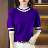 2025 Round Collar Half-Sleeve Tight Cover Sweater Five-Point Sleeve Top Female Knitting Bottom Flying Sleeve Half-High Collar