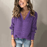 Autumn/Winter 2025 New Lace V-Necked Jacket Sweater Lady Loose Long-Sleeved Solid-Colored Sweater