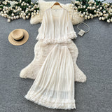 One-Word Shoulder Mesh Embroidery Perspective Shirt For Women's Summer Loose Bubble Sleeve Short Hoodie Long-Sleeved Lace Shirt