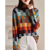Colorful Color Chessboard Wool Knitwear Autumn And Winter New High-Collar Lazy Thin Wearing Tattoo Sweater Woman