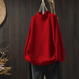 Red Literary And Art Retro Semi-High-Collar Sweater Women Loose Large Plate Type 2025 Autumn And Winter Casual Knitted Bottom Shirt