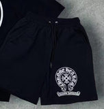 T-Shirt Trendy Retro Print Round-Neck Short-Sleeved Men's Loose Cotton Free-Fitting Hiphop Pants Couple Suit