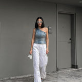 Z Asymmetrical Collar Retro Denim Breast Wrap Blouse 6045005