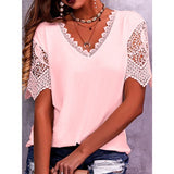 2025 Women's T-Shirt Burst Lace Splicing Loose V-Neck Short-Sleeved T-Shirt