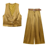 Z New Gold Button-Up Silk-Sense Blouse 7484091 Belt Silk-Sense Wide Leg Trousers 1478078