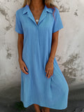 2025 New Leisure Spring And Summer Loose Short-Sleeved V-Neck Solid Cotton Shirt Dress