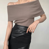 French Retro Sexy Shoulder Repair Slimming Paper Pieces Knitted Vest T-Shirt Blouse Short Short Sleeve