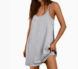 2025 Summer Solid Sleeveless Dress Fine Shoulder Strap Vest Skirt Sports Skirt Pocket