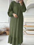 2025 Muslim Women's Robes Spring And Autumn New Fashion Bubble Sleeves Retro Pocket Hem Side Dress