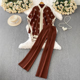 Fashion Ocean Gas Three-Piece Loose Wind Letter Embroidered Cardigan Jacket Bottom High Collar Knitting Tops Broad Legs