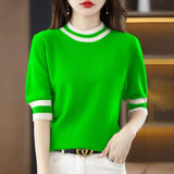 2025 Round Collar Half-Sleeve Tight Cover Sweater Five-Point Sleeve Top Female Knitting Bottom Flying Sleeve Half-High Collar