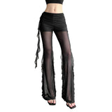 Fashion 2025 Summer New Women's Sexy Hottie Lotus Side Design Folding Mesh Splicing Perspective Leisure Pants