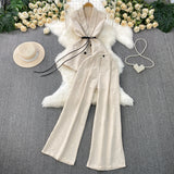 High-Grade Gray West Assembly V-Neck Double Buckle Vest Sleeveless Waist Blouse + High Waist-High-Scretch Broad-Legged Trousers Two