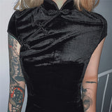 2025 Autumn Women's New Fashion Velvet Short Cheongsam Skirt Under The Fork Bag Hip Dress