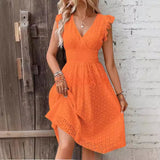 Summer New Lotus Leaf Sleeve Elegant Thin V-Neck Women's Fashion Fashion Hollow Dress Dress Women