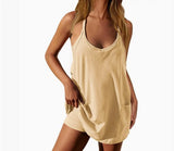 2025 Summer Solid Sleeveless Dress Fine Shoulder Strap Vest Skirt Sports Skirt Pocket