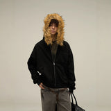 Direct Selling Vintage Fur Collar Couple Hooded Zip Open-Air Jacket Oversize Design Niche Coat
