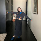 2025 Autumn Thin High-End Design Splicing Fake Two Knitted Cardigan High-Waist Loose Half-Dress Woman