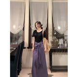 Casual Summer New Relaxation Black Short-Sleeved T-Shirt Blouse High-Waist Purple Color Tying Strap A-Word Half-Dress Woman