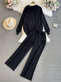 Fashion Suit Women's Korean Version Of Loose Knitted Hoodie Two Sets Of Leisure High-Rise Thin Straight Broad Leg Pants