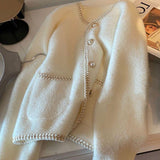 French Small Scented Pearl Buckle Sweater Cardigan Women's Top Autumn And Winter White Soft Milk Marinade Knitted Coat