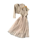 Autumn And Winter Small Fragrant Style Set Of Women's Short Cardigan Coat + Sling Net Yarn Dress Two Sets