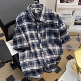 Plaid Short-Sleeved Shirt Men's Summer Retro Casual Five-Sleeve Shirt High Street Tide Coat