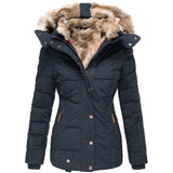 Winter Warm Wool Collar Cotton Clothes Women Zipper Long Sleeve Hooded Cotton Coat W128