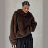 2025 Autumn And Winter New Women's Casual Loose Long-Sleeved Hood Splicing Plush Fur Coat Women