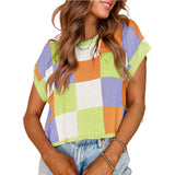 2025 Summer Hat Sleeves Open Umbilical Short Sleeves Round Collar Knitting Board Lattice Sweater Short