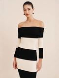 New Women's Fashion Elegant Shoulder-To-Shoulder Knitted Blouse Striped Shoulder-Long Dress