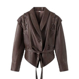 2025 Early Spring New Women's Retro Coffee Brown Leather Coat Women
