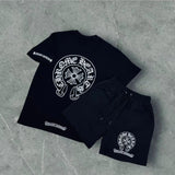 T-Shirt Trendy Retro Print Round-Neck Short-Sleeved Men's Loose Cotton Free-Fitting Hiphop Pants Couple Suit