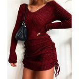 2025 Knitted Sweater V Collar Long Sleeve Autumn And Winter Sexy Body Threaded Skirt Folding Drawstring Skirt