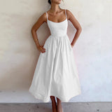 Women's New 2025 Spring Dress Solid Color Sexy U-Neck Waist Folding Sling Dress